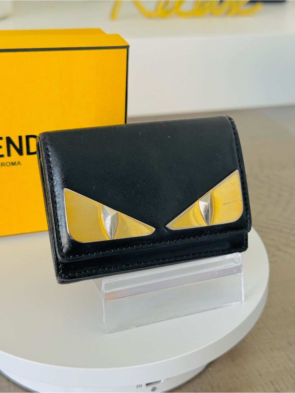 Fendi Monster Eyes Compact Wallet Black Leather Gold Tone Bag Bugs